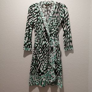 BCBGMaxAzria Womens Long Sleeve Animal Prints Wrap Dress Green Black - Size SP